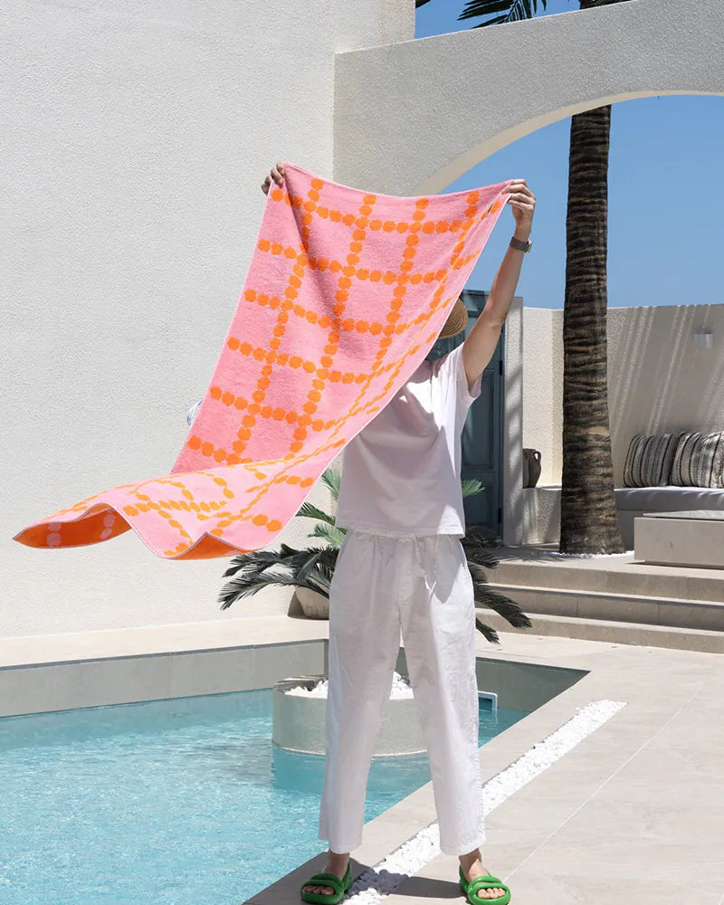 韓國 Warmgrey tail|BLOSSOM CHECK BIG TOWEL - PINK|純棉毛巾 大浴巾
