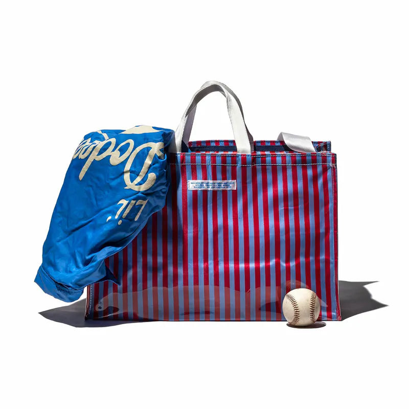 PUEBCO|COVERED SCHOOL TIE FABRIC MARKET BAG Red x Light Blue / 學生領帶再製購物袋 紅 x 淺藍