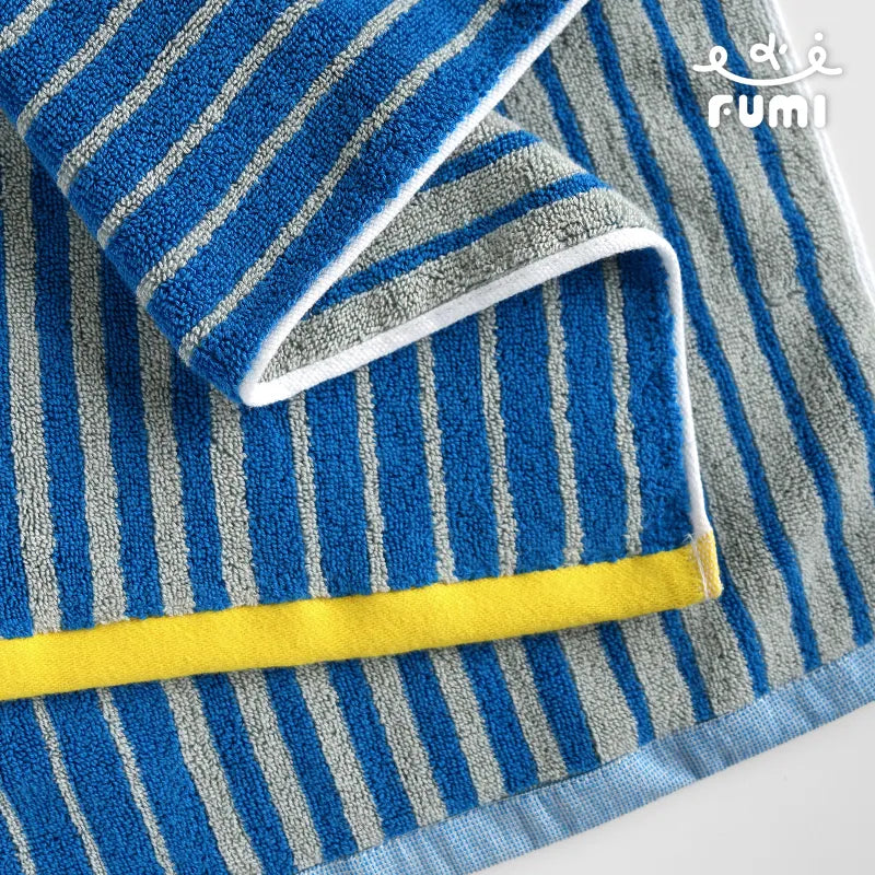 FUMI Towel｜條紋棉柔毛巾｜藍+灰 (亮黃邊)